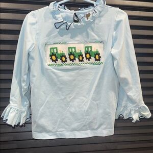 Light Blue Ruffle Long Sleeve Shirt with Tractor Design